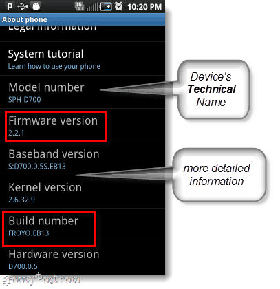 firmware pro Android a číslo sestavení, číslo modelu také