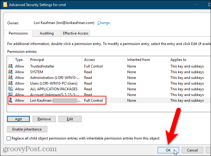 Zavřete dialogové okno Upřesnit nastavení zabezpečení v registru systému Windows