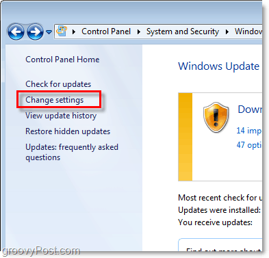 Windows 7 - Snímek obrazovky s konfiguračním odkazem na aktualizaci Windows Update