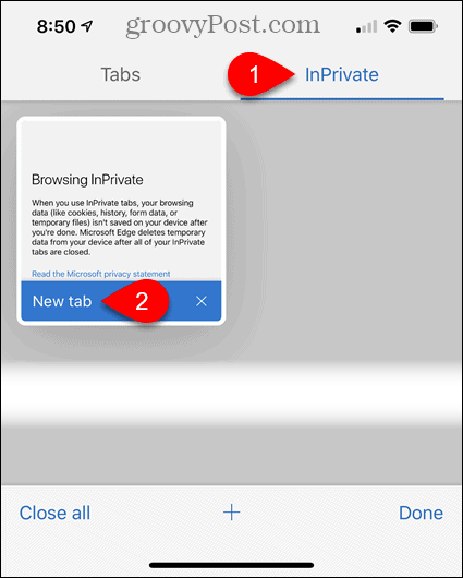 Klepněte na InPrivate a potom klepněte na Nová karta v Edge pro iOS