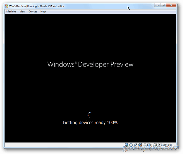Spouštěcí obrazovka VirtualBox Windows 8 po instalaci