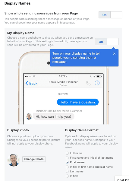 Facebook umožňuje správcům stránek vybrat si zobrazované jméno, když používají Messenger v zastoupení své stránky nebo firmy.