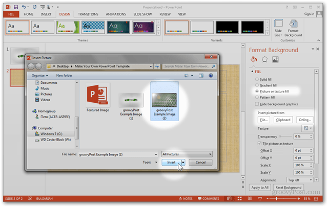 Vytvoření šablony Office 2013 Vytvoření vlastního designu POTX Přizpůsobení snímků Prezentace Výukový program Jak formátovat import vlastního obrázku obrázku na pozadí