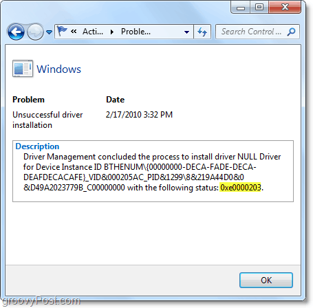 zobrazit technické informace včetně chybových kódů systému Windows 7