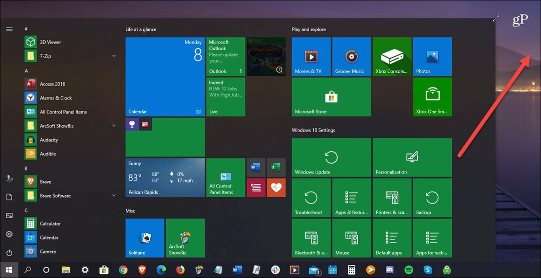 změnit velikost nabídky spuštění systému Windows 10