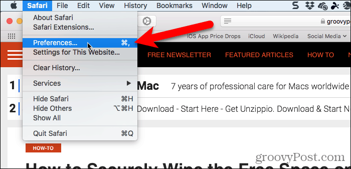 V Safari pro Mac přejděte na Safari> Předvolby