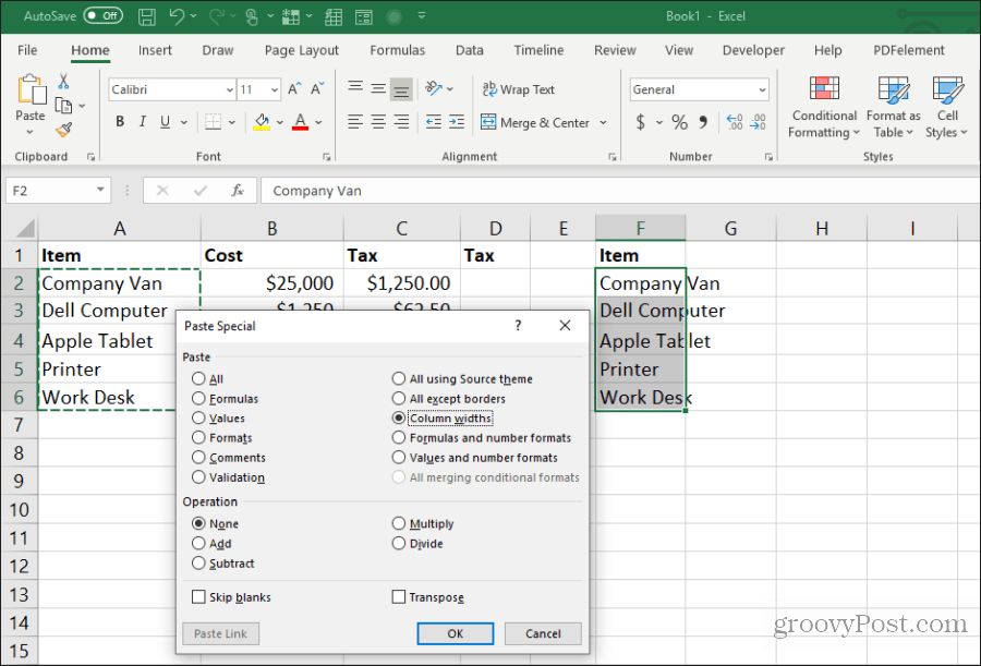vkládání šířky sloupců v Excelu