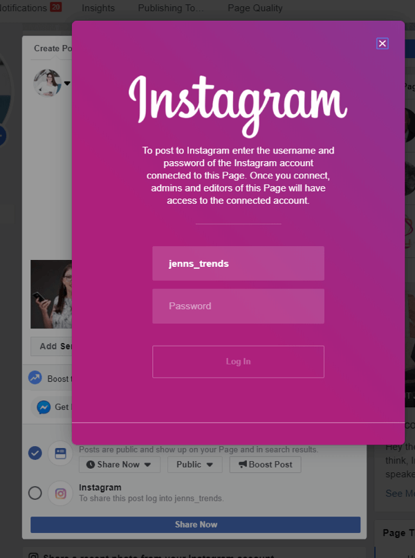 Jak cross-post na Instagram z Facebooku na ploše, krok 4, přihlášení do Instagramu