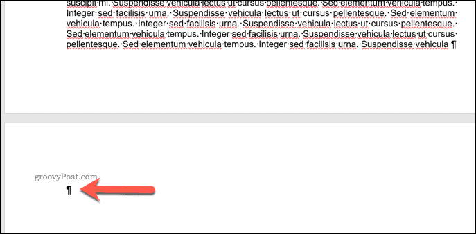 Značka odstavce na prázdné stránce aplikace Word