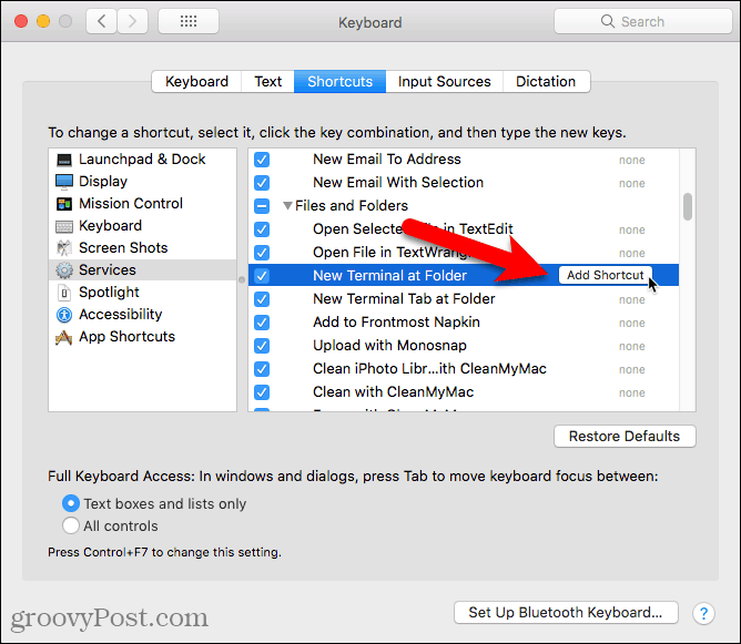Klepněte na Přidat zástupce pro službu Nový terminál ve složce v počítači Mac