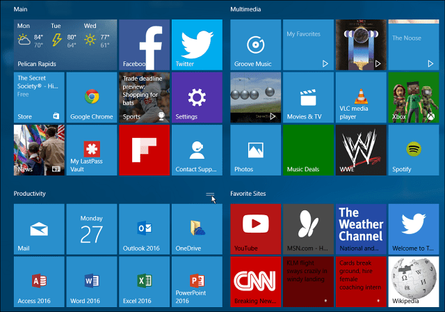 Skupiny dlaždic Windows 10 spouštějí velké menu