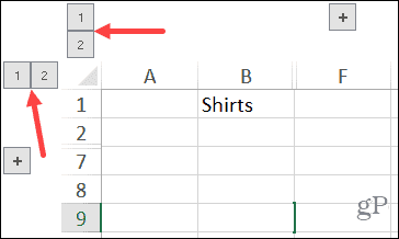 Seskupená tlačítka čísel a sloupců a řádků v aplikaci Excel v systému Windows