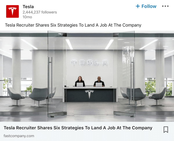 Příklad příspěvku na stránku společnosti Tesla LinkedIn.