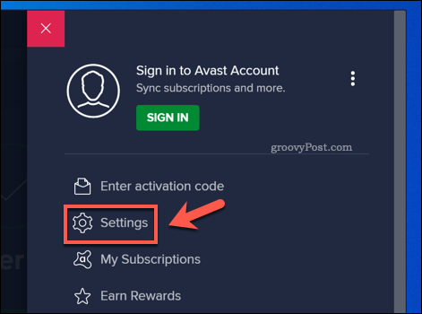 Otevření nabídky nastavení Avast