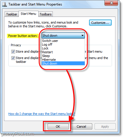 změnit činnost tlačítka napájení nabídky Start v systému Windows 7