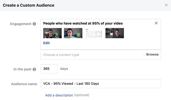 Možnosti nastavení k vytvoření vlastního publika na Facebooku lidí, kteří sledují video na Facebooku nebo Instagramu.