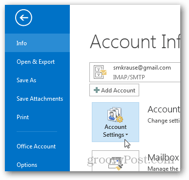 jak vytvořit soubor PST pro aplikaci Outlook 2013 - klikněte na nastavení účtu