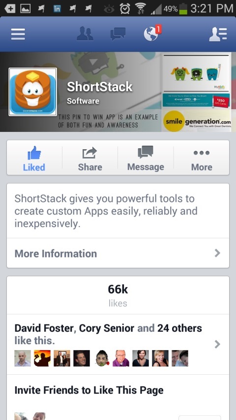 shortstack facebooková stránka na mobilním zařízení