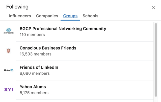 Profil LinkedIn rozšířen Záujmy s vybranou kartou Skupina