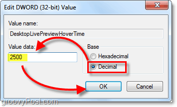 upravte vlastnosti dwordu na Desítková a hodnotová data na 2500 pro Windows 7 DesktopLivePreviewHoverTime