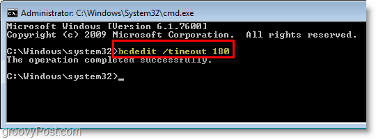Snímek obrazovky Windows 7 - zadejte bcdedit / timeout 180 do cmd