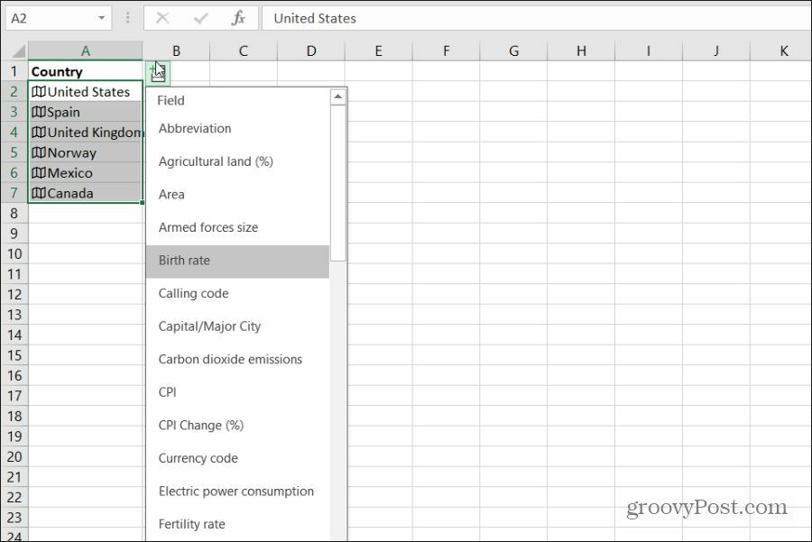 výběr dat o geografii země v Excelu