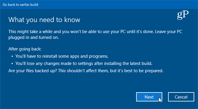 podrobnosti o návratu k předchozí verzi systému Windows 10