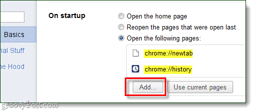 Spuštění prohlížeče Chrome Přidat stránky k otevření