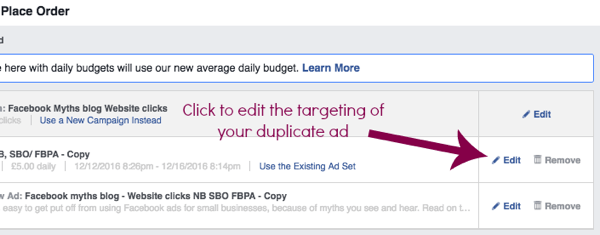 Upravte nastavení duplicitní sady reklam na Facebooku.