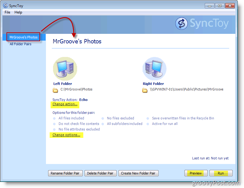 Screenshot hlavní nabídky Microsoft SyncToy