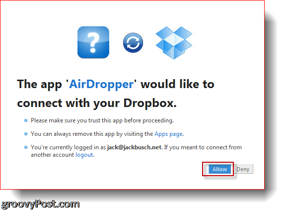 AirDropper Dropbox - připojte aplikaci k Dropboxu