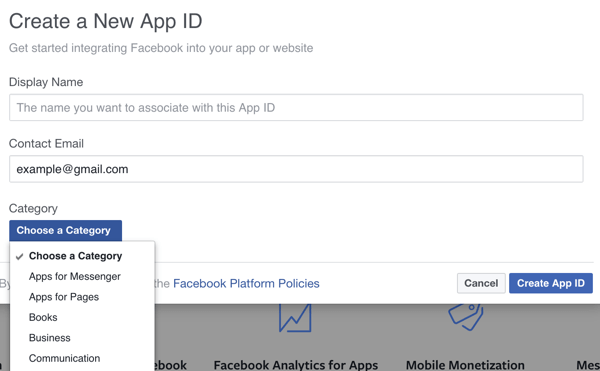 Vyplňte podrobnosti o své nové aplikaci na Facebooku.
