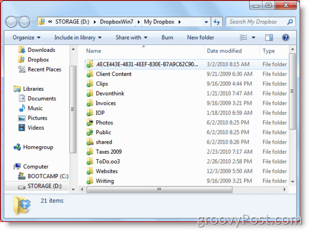 Složka Dropbox ve Windows 7 View