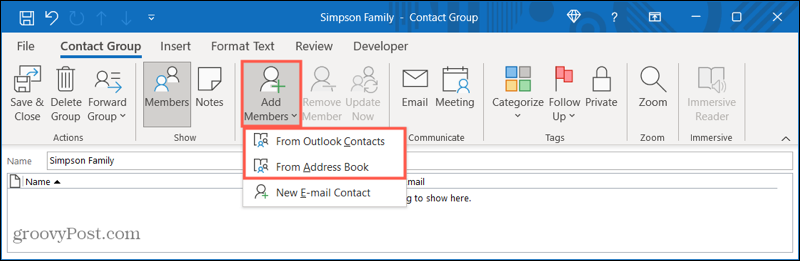 Přidejte členy do nové skupiny kontaktů v aplikaci Outlook