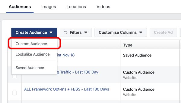 Možnost vytvořit Facebook Lookalike Audience pod Create Audience in Facebook Ads Manager.