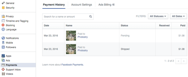 zákazníci si prohlížejí objednávky v sekci plateb v nastavení facebooku