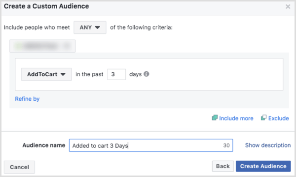 Vyberte možnosti pro vytvoření vlastního publika na Facebooku na základě události AddToCart