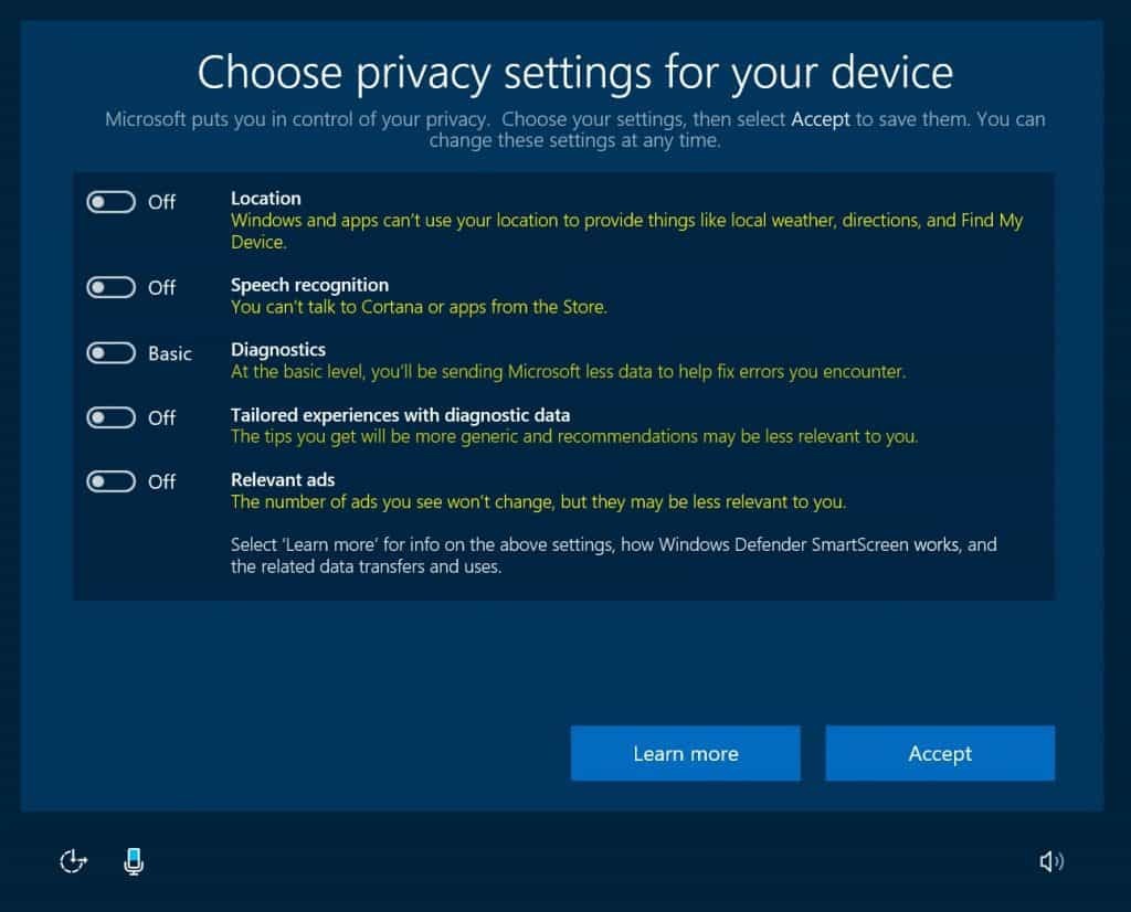 Windows 10, Ochrana osobních údajů, Aktualizace tvůrců, OOBE