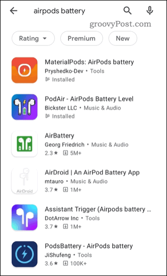 Seznam stavových aplikací AirPods třetích stran v Obchodě Google Play