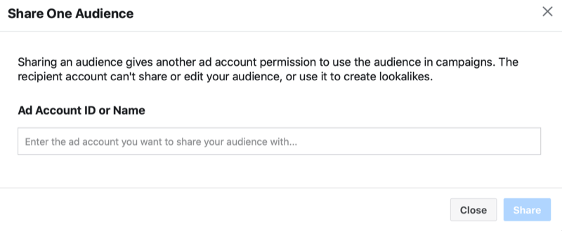 správce reklam na Facebooku sdílí vlastní publikum> sdílí jedno menu publika s možností přidat ID nebo název reklamního účtu