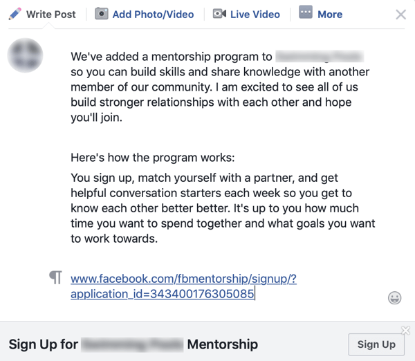 Jak zlepšit komunitu skupin na Facebooku, příklad skupinového oznámení pro mentorský program na Facebooku