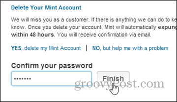 potvrďte smazání pomocí hesla - smažte účet mint.com