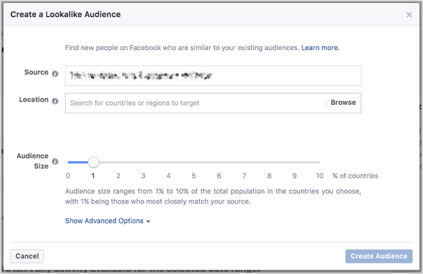 Nastavte velikost publika podobného Facebooku. Velikost můžete ovládat pomocí posuvníku, který se zobrazí při vytváření publika.