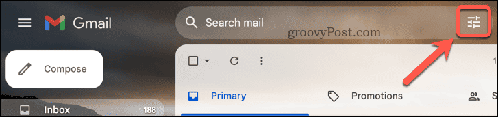 Tlačítko pokročilého vyhledávání Gmailu