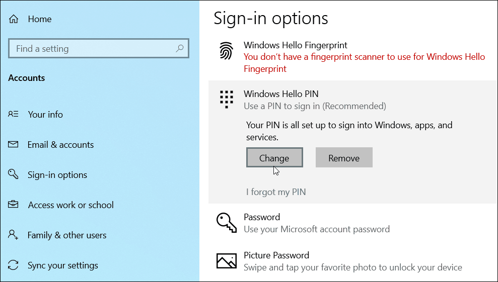 změnit přidat PIN Windows 10