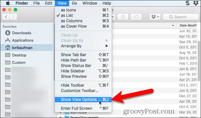 Vyberte Zobrazit možnosti zobrazení v aplikaci Finder v systému Mac