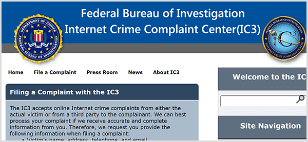 Pokud se někdo vydává za vaši firmu, nahlaste podvodnou činnost FBI Internet Crime Complaint Center.
