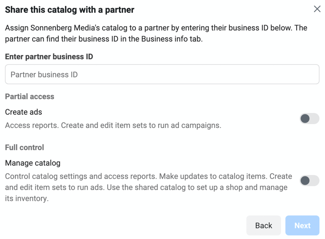 image of Sdílet tento katalog s obrazovkou partnera v Meta Business Manageru