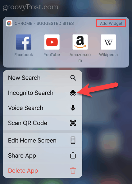 Klepněte na ikonu Nová karta inkognito z ikony aplikace Chrome na iOS