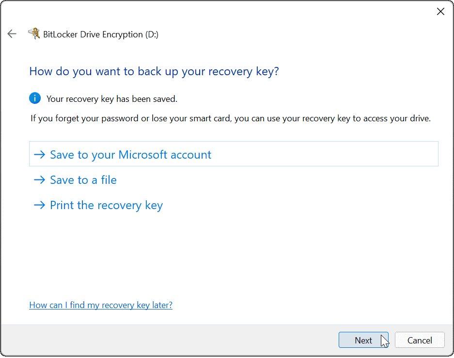 pomocí bitlockeru přejděte na klíč pro obnovení systému Windows 11